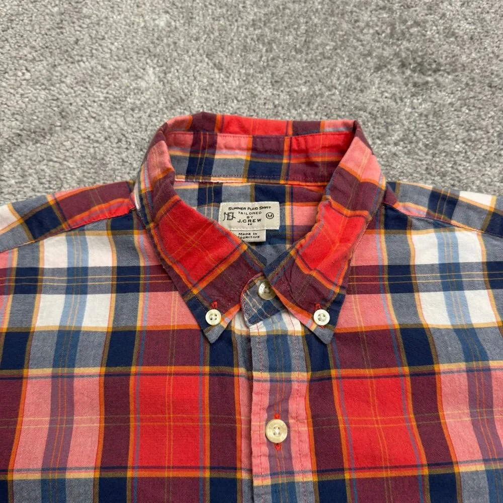 J.Crew Summer Plaid Cotton Long Sleeve Button Down Shirt Mens Medium Red Blue